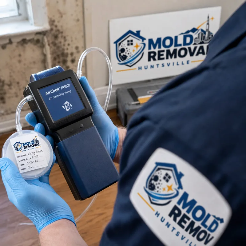 Technician collecting an air sample with a calibrated pump and spore-trap cassette in a residential room