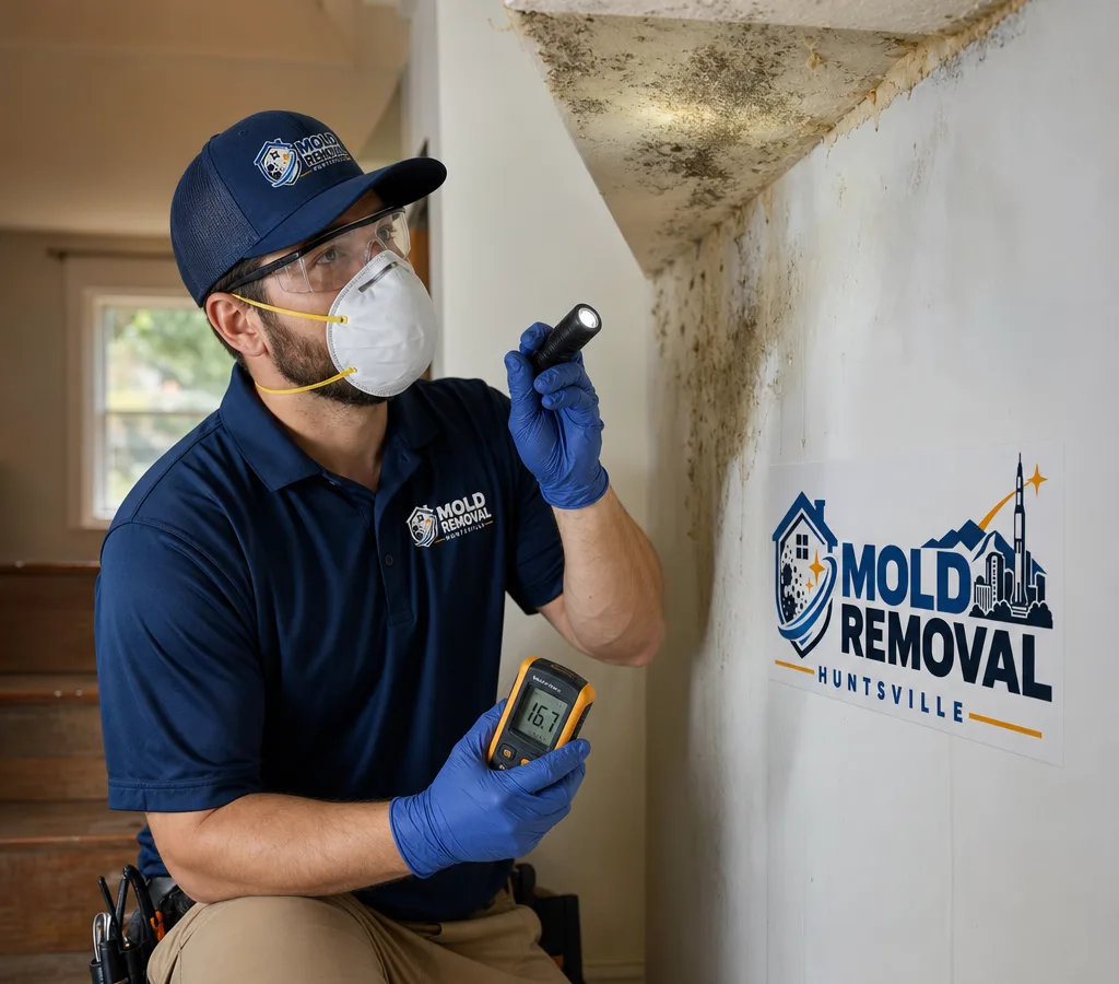 Mold inspector in protective gear examining a wall and ceiling with a flashlight and moisture meter inside a Huntsville home