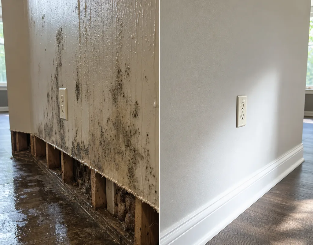 Before-and-after view showing a wet damaged drywall area and the same wall repaired, painted, and finished with baseboard