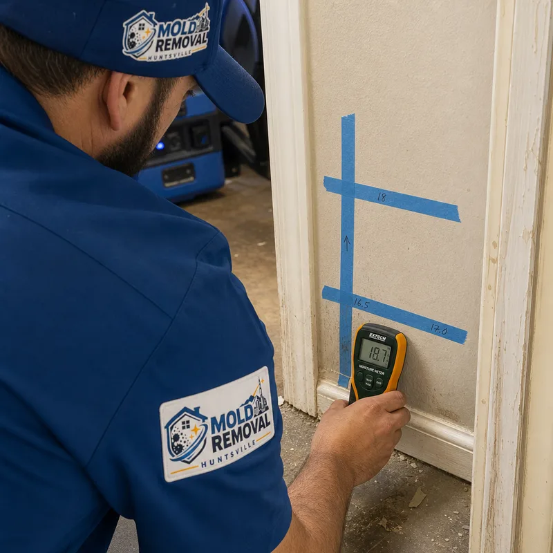 Technician taking a moisture meter reading at the base of a drywall wall near a marked moisture map grid