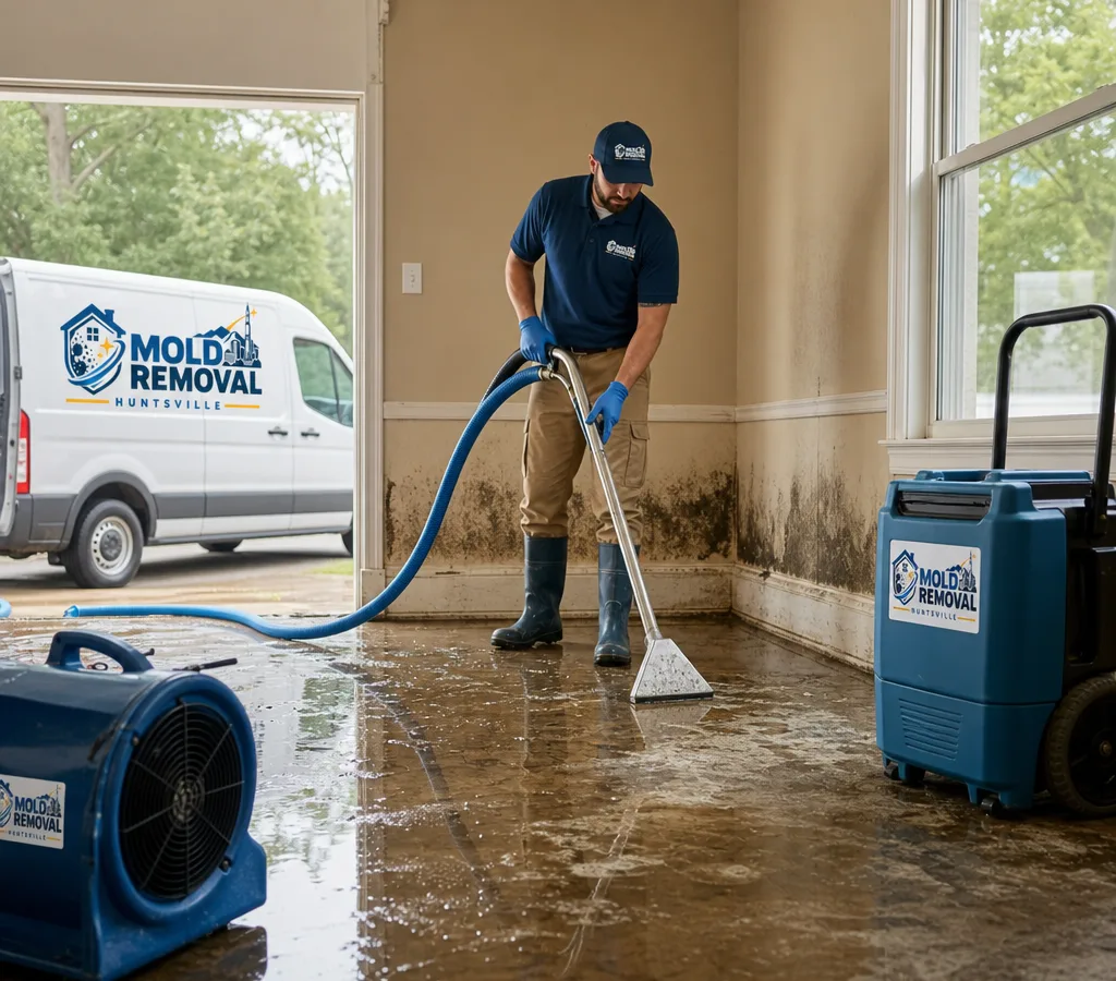 Technician in protective gear extracting standing water from a residential room with restoration equipment nearby
