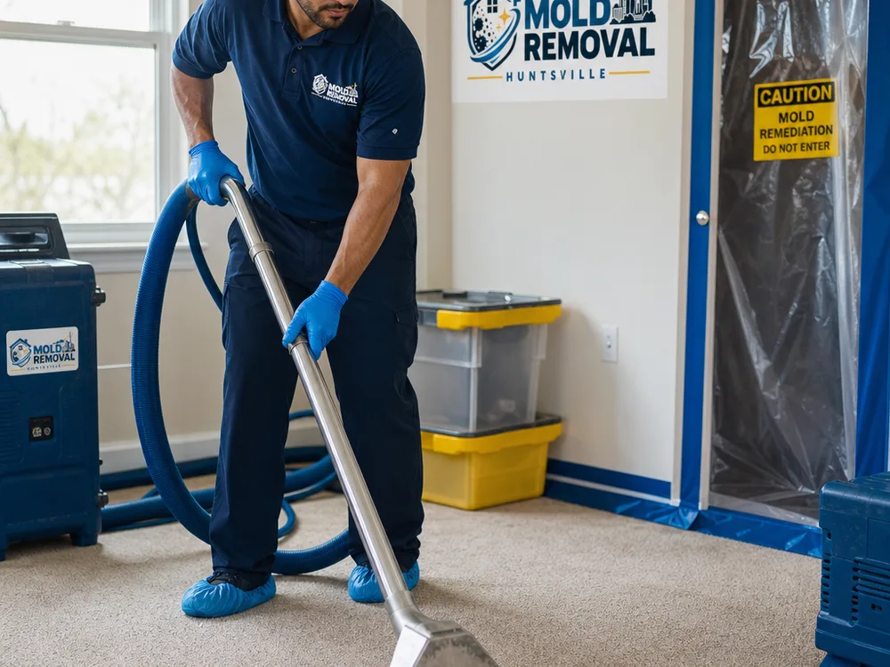 Technician extracting water from carpet with containment materials staged nearby for controlled demolition if needed