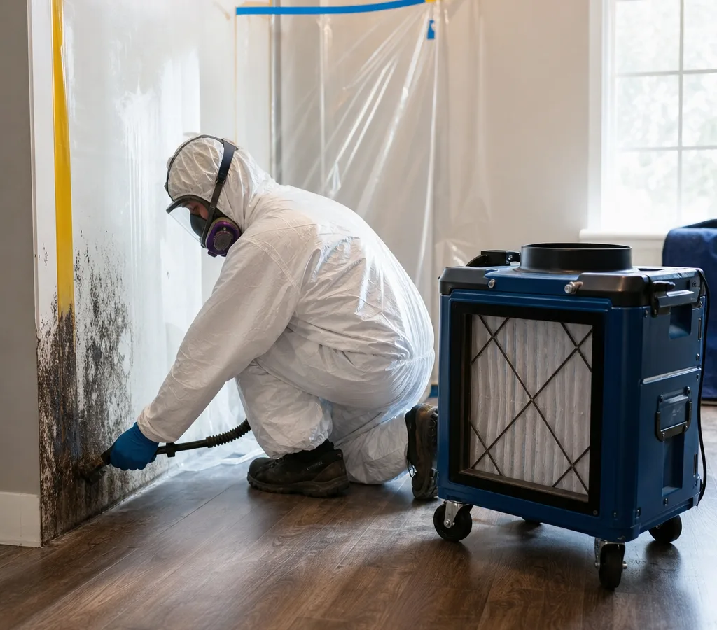 Technician in protective gear performing contained mold removal in a residential space with a HEPA air scrubber nearby
