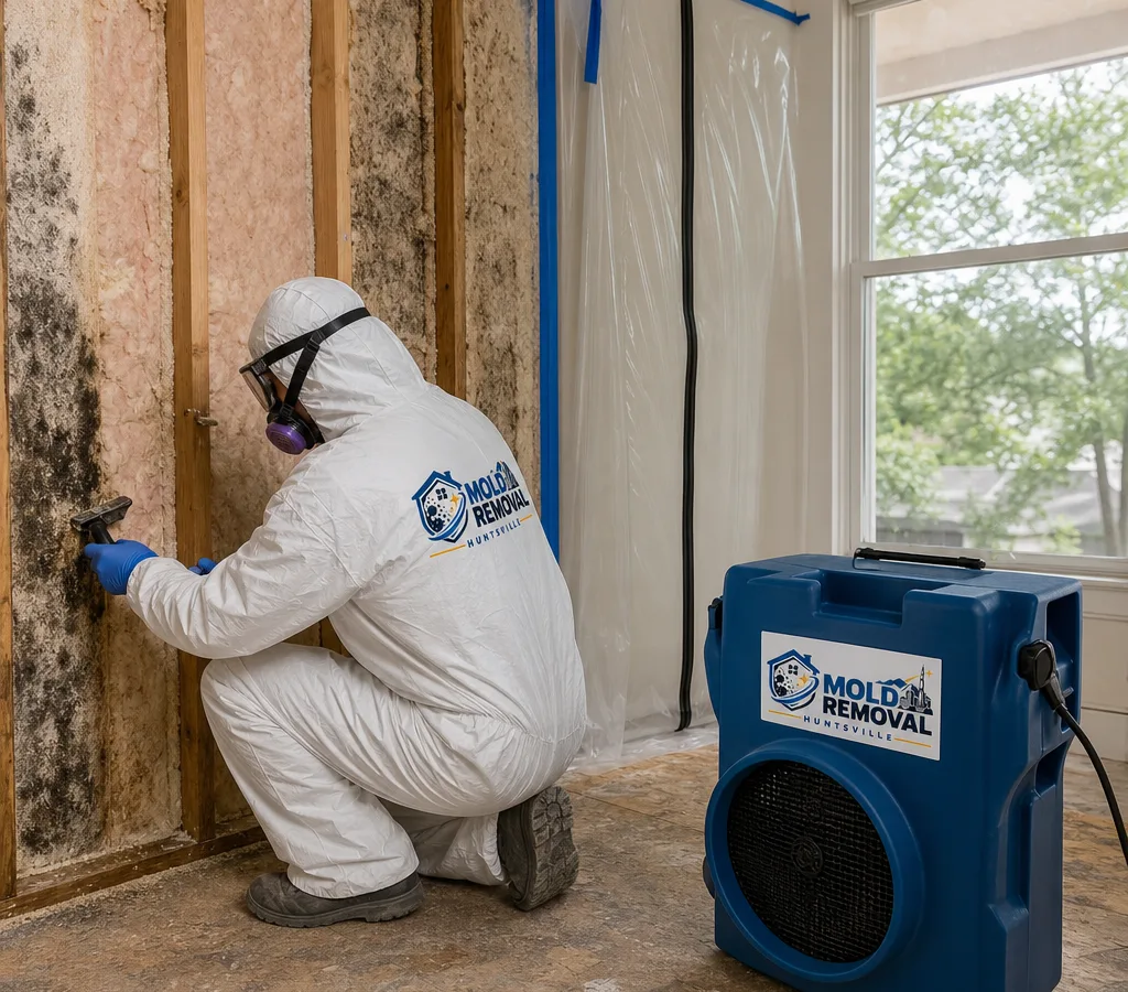 Technician in protective gear performing contained mold removal in a residential space with a HEPA air scrubber nearby
