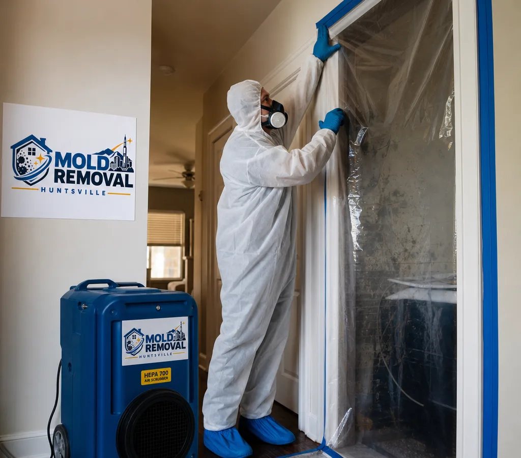 Technician in protective equipment setting up containment and a HEPA air scrubber in a Huntsville-area home
