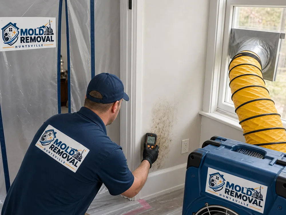 Poly sheeting containment doorway, HEPA air scrubber, and moisture meter used during mold remediation