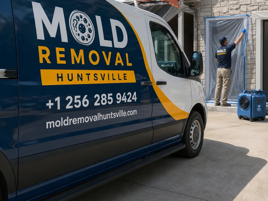 Crew setting up plastic containment and a negative air machine at a residential work area