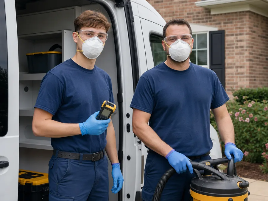 Two mold removal technicians beside a service vehicle with assessment and HEPA cleaning equipment