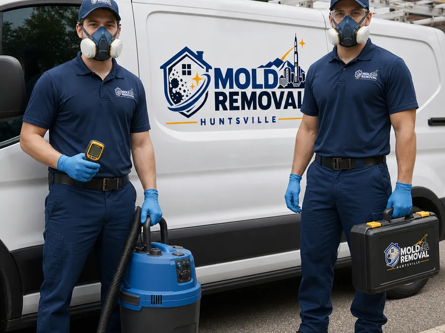 Two mold removal technicians beside a service vehicle with assessment and HEPA cleaning equipment